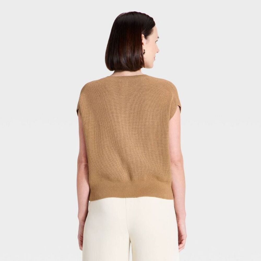 A New Day - Women's Crewneck Cap Sleeve Button-Front Sweater V Brown - Picture 2 of 3
